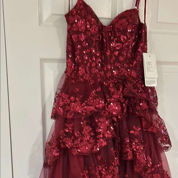 Stacees Red burgundy A-line Corset Tiered Ruffle Slit Prom Dress with Sequins - Picture 7 of 10